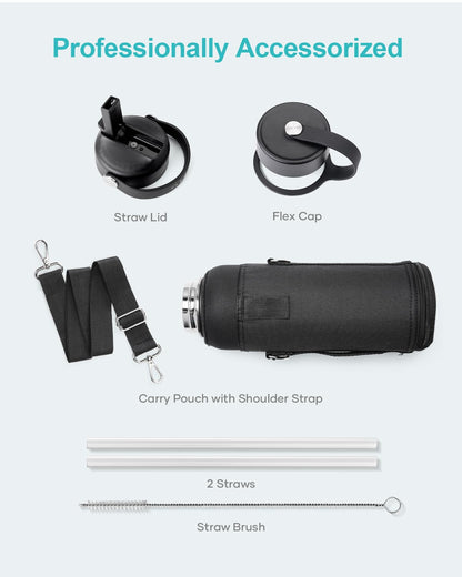 BUZIO 1180ml Insulated Water Bottle with Straw Lid and Flex Cap, 40oz Stainless Steel Drinking Bottle (Keep Cold 48 Hrs/Hot 24 Hrs) Metal Flask Leakproof Wide Mouth Thermo Canteen for Sports, Black