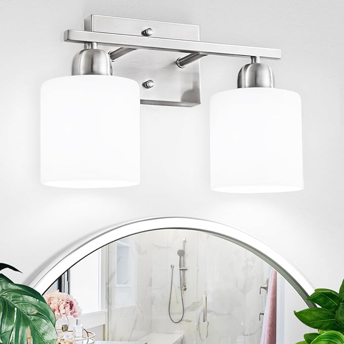 Brushed Nickel Bathroom Light, 2 Light Bathroom Vanity Light Brushed Nickel, Vanity Lamp with Milky White Frosted Glass Shades, E26 Socket