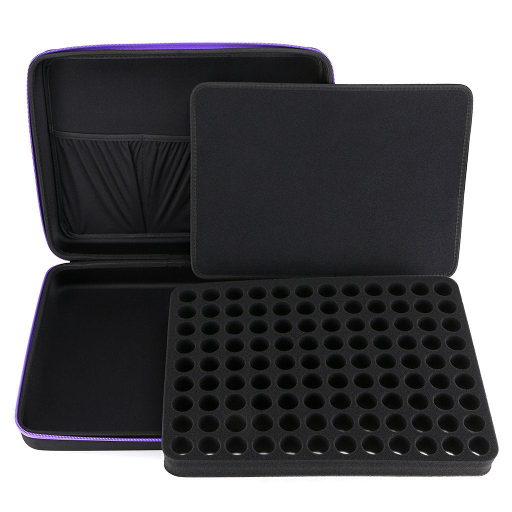 Hipiwe 108 Essential Oils Carrying Case Holds 5ml, 10ml, 15ml Bottles Hard Shell Exterior EVA Essential Oils Storage Organzier Bag with Foam Insert and Carrying Handle (Black+Purple 108)