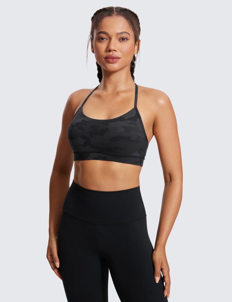 CRZ YOGA Butterluxe Y Back Sports Bras for Women - Padded Racerback Low Impact Spaghetti Thin Strap Workout Yoga Top Dark Grey Camouflage 2 X-Small
