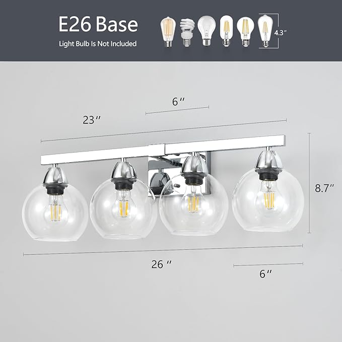 4-Light Bathroom Vanity Light, Silver Wall Sconce with Premium Hand-Crafted Glass, Shatter-Resistant & Enhanced Clarity, Perfect for Mirror, Living Room, Hallway