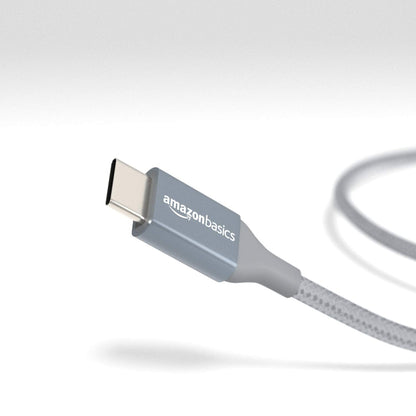 Amazon Basics USB-C to USB-C 2.0 Fast Charger Cable, Nylon Braided Cord, 480Mbps Speed, USB-IF Certified, for Apple iPhone 16/15, iPad, Samsung Galaxy, Tablets, Laptops, 10 Foot, Silver