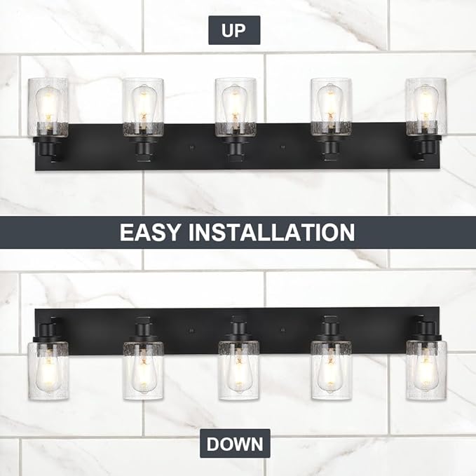 5-Lights Farmhouse Bathroom Vanity Light in Black Finish Wall Mount Lighting Fixtures with Seeded Glass for Mirror Cabinet Kitchen Bedroom