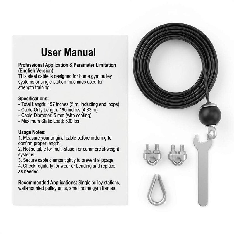 QWORK Fitness Pulley Cable 197 Inch - Adjustable Home Gym Cable Pulley System Replacement, 500lb Capacity Steel Wire Rope for Pulley Machine Accessories