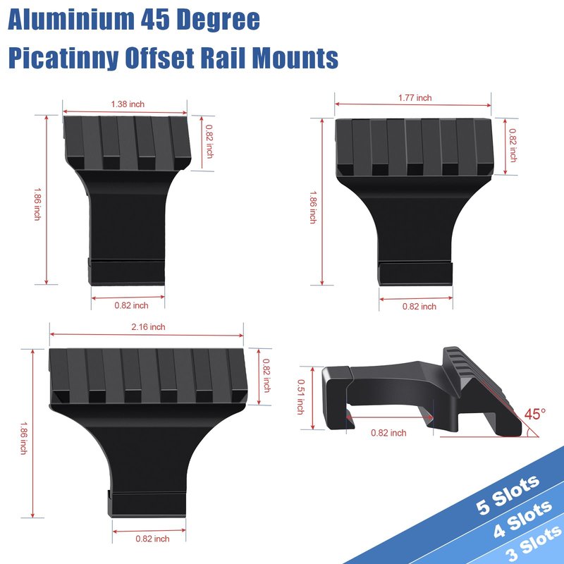 LONSEL 45° Picatinny Offset Rail Mount, 3 4 5 Slots 45 Degree Offset Picatinny Rail Mounts Aluminum Low Profile Adapter for Flashlight Laser Sight Optics (4 Slot - 1 Pack)