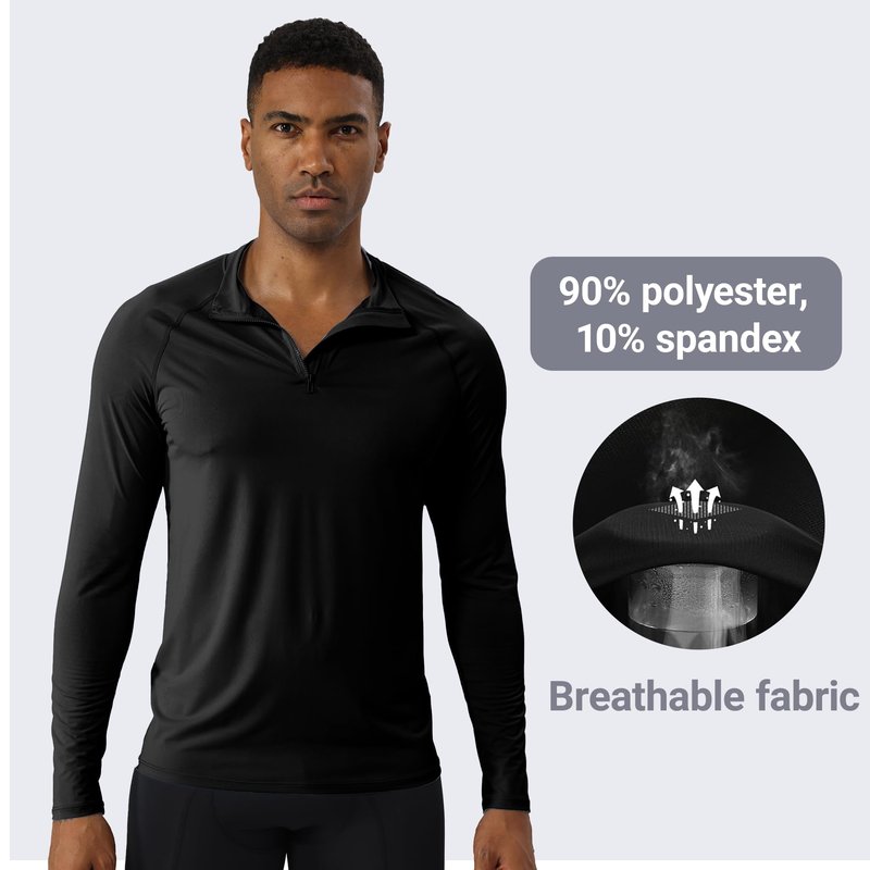 YEL Men's Long Sleeve Athletic Shirt 1/4 Pullover Zip Sun Protection Rash Guard UPF 50+ Golf Fishing Running T-Shirts Black