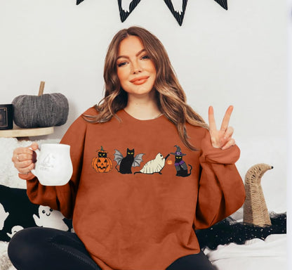 LUKYCILD Halloween Cat Sweatshirt Women Spooky Season Shirts Cute Ghost Cat Pumpkin Tee Halloween Crewneck Pullover Top Brown