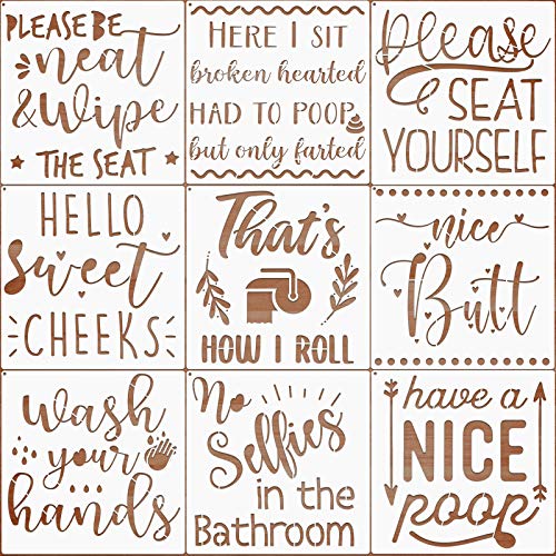 9 Pieces Bathroom Stencils Bathroom Wall Decor Sign Stencils Reusable Quote Saying Stencils Template with Open Ring for Painting on Wood Wall Mirror Bathroom Decor
