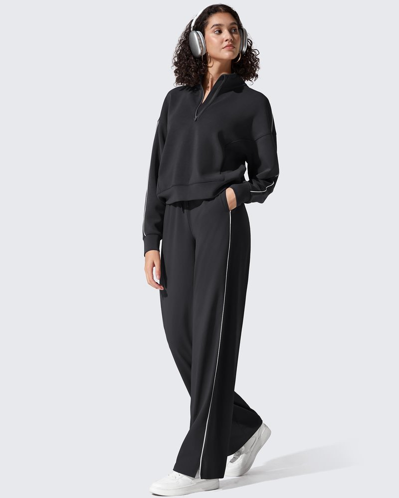 G4Free Women's Athletic Pants Lightweight Stretchy Track Sweatpants Wide Leg with Pockets Drawstring Jogging Trousers (Black,L,Tall)