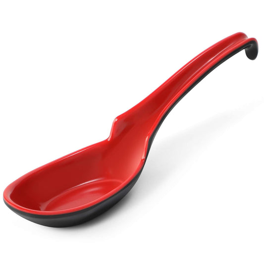12 PACK Asian Soup Spoons, Rice Spoons, Melamine Chinese Won Ton Soup Spoon For soba, pho, ramen, Noodle, Korean Style Large Spoon with Long Handle- Notch and Hook Style, Red ＆ Black