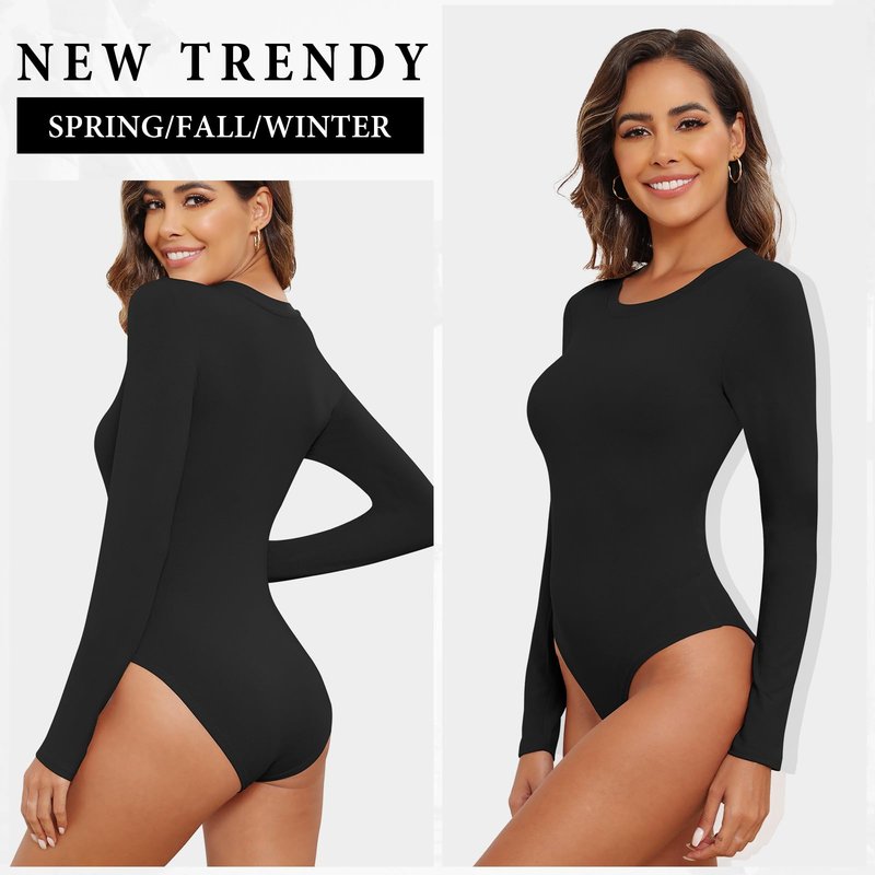 BALENNZ Long Sleeve Bodysuits Pack Brown Long Sleeve Bodysuit Round Neck Black Bodysuit Pack Fall White Body Suit Womens Bodysuit Tops 4BS