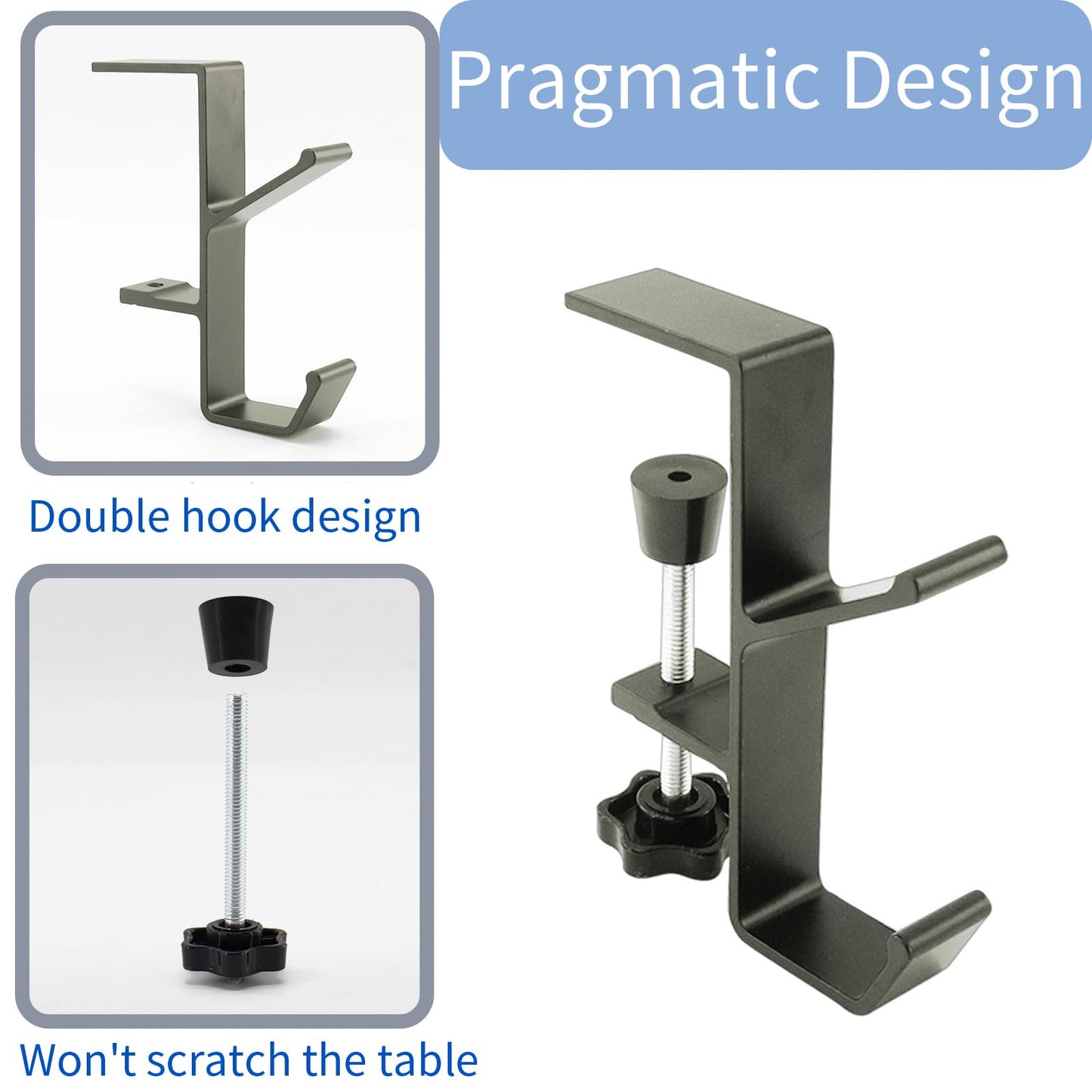 Desk Mount Bag Holder Hook Clamp,On Backpack Hanger Portable Desk Mount Headphones Holder for Reduce Desk Clutter Table Desk Table Hanging Storage (1 Pcs-Double Hook Gray)