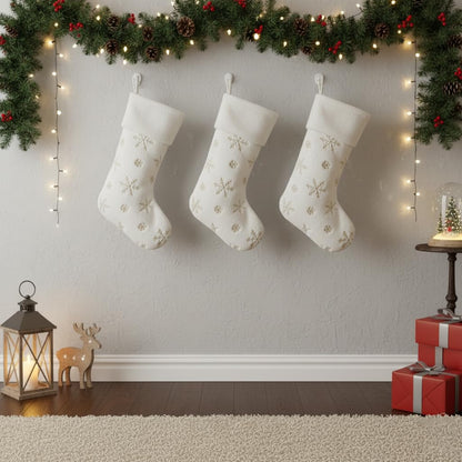 AOGU 3 Pack 22 Inch Faux Fur Sequin Snowflake Christmas Stockings Snowy White Christmas Stockings Hanging Ornaments Candy Gift Bags for Christmas Decorations, Gold