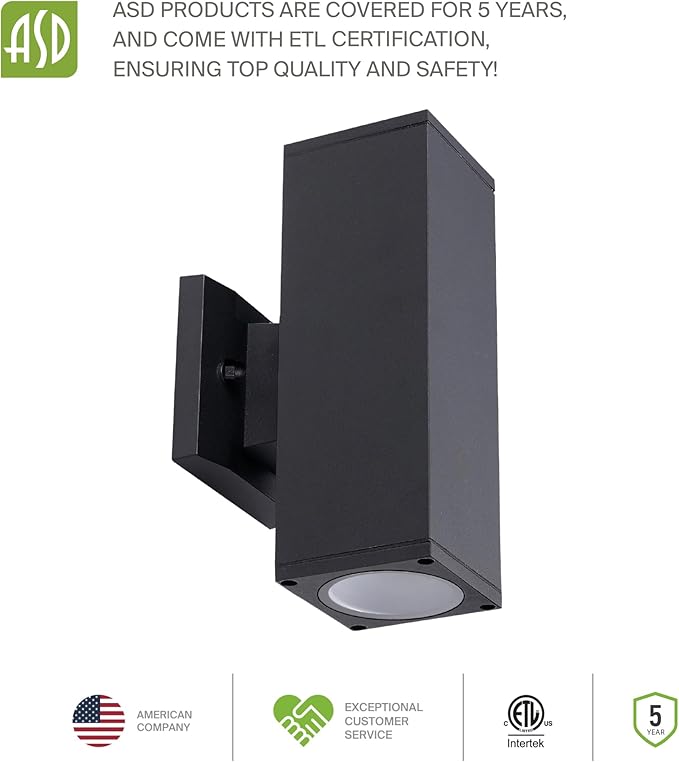 ASD 2 Light Square Dusk to Dawn Outdoor Wall Light Fixture | 120W E26 Socket 120V ETL Cylinder Up Down Lights | LED/CFL/Incandescent Bulb Exterior Wall Sconce | Front Door, Porch Patio | Black, 6 Pack