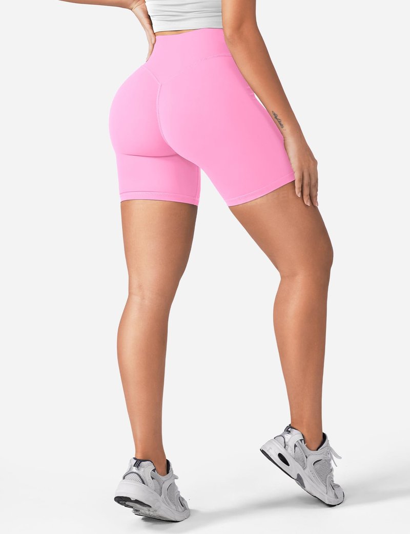 YEOREO Women's Biker Shorts 4.5" / 6" Workout Gym Shorts High Waist Tummy Control Hidden Scrunch Running Yoga Bubblegum Pink
