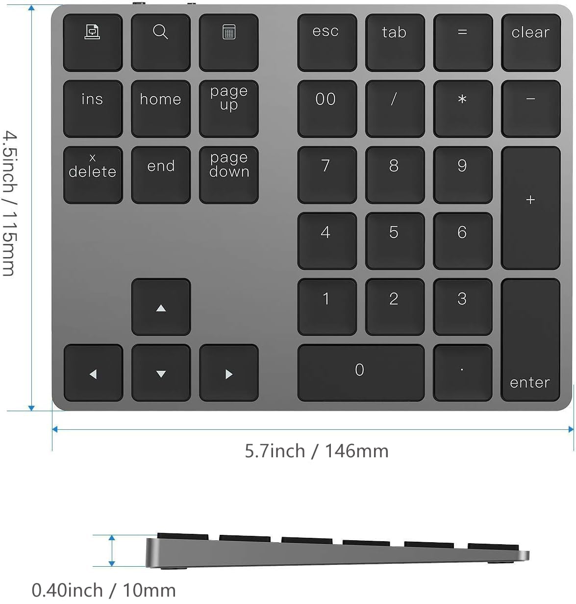 Bluetooth Number Pad, Lekvey Aluminum Rechargeable Wireless Numeric Keypad Slim 34-Keys External Numpad Keyboard Data Entry Compatible for Macbook, MacBook Air/Pro, iMac Windows Laptop Surface Pro etc