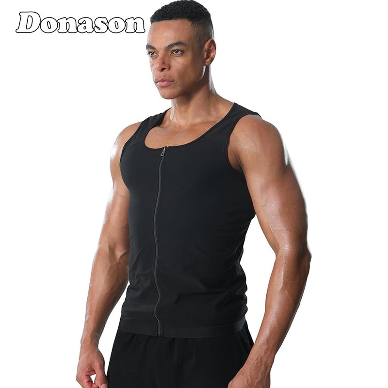 Donason Men's Sauna Vest Workout Sleeveless Shirt with Zipper Slimming Body Shaper Weight Loss Waist Trainer Sweat Enhancing Tank Top Compression Vest Shapewear for Fitness Gym Exercise Running