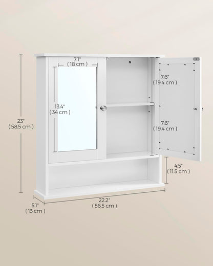 VASAGLE Bathroom Cabinet with Mirror, Wall Cabinet with 2 Mirrored Doors and Open Compartment, Adjustable Shelf, Wall-Mounted, 13 x 56.5 x 58.5 cm, White LHC002