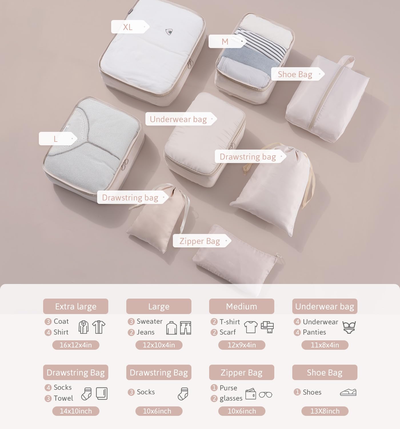 Meowoo Packing Cubes for Suitcases 8Pcs Set, Waterproof Travel Luggage Organizer with Shoes & Toiletries Bags - Lightweight Clothes Storage for Travel Essentials (Beige)