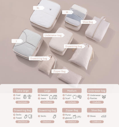 Meowoo Packing Cubes for Suitcases 8Pcs Set, Waterproof Travel Luggage Organizer with Shoes & Toiletries Bags - Lightweight Clothes Storage for Travel Essentials (Beige)