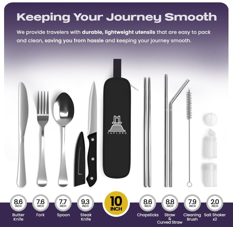Taplord Portable Travel Silverware Set With Case, Includes 10 Pcs of Travel Utensils With Case, Stainless Steel Flatware Set For Camping, Lightweight (Silver)