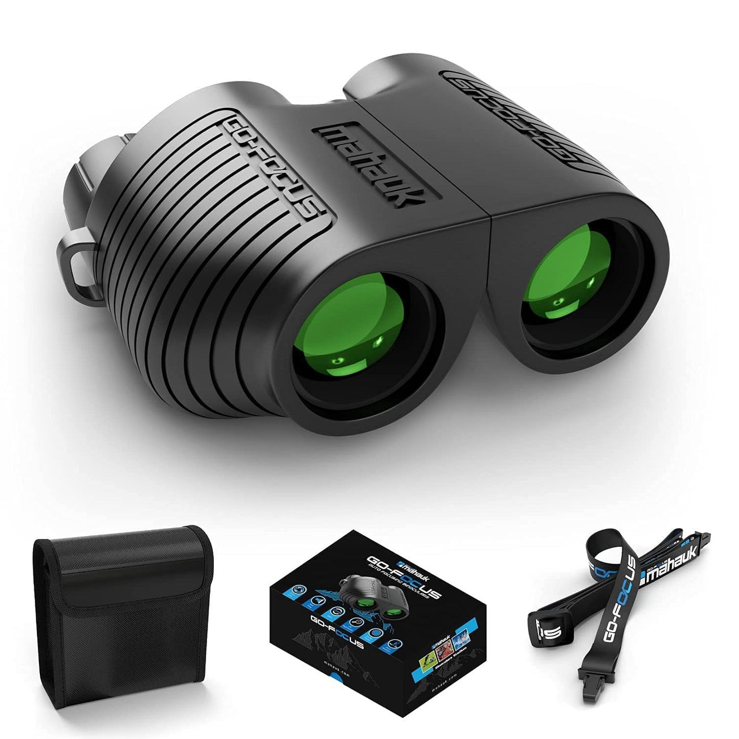 Go-Focus Compact Binoculars for Adults & Kids | Small Travel Binoculars For Bird Watching & Hunting | 10x25 BAK4 Prism | Lightweight & Waterproof | Carry Case & Neck Strap | Range 20m - 1000m | Mahauk