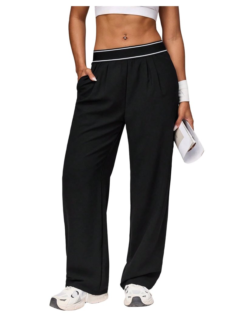 MakeMeChic Women's Workout Track Pants Wide Leg Athletic Gym Pants Active Wear Black Medium