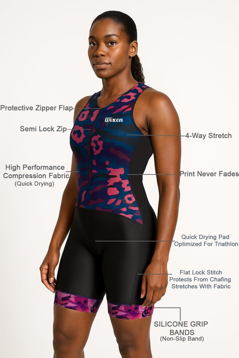 WIXEN Women's Triathlon Suit Sleeveless Tri Suit Padded Cycle Race Swim Bike Run Trisuit Back Pockets (Skins, L)