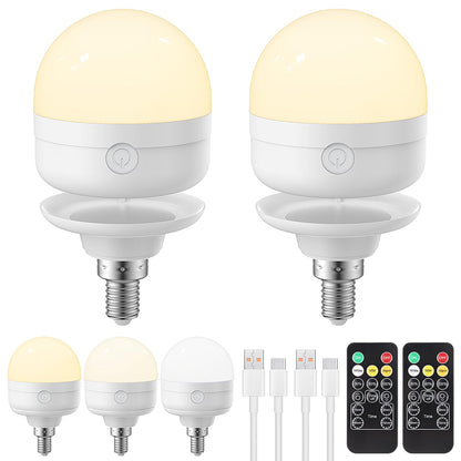 LGMCF Rechargeable Light Bulb, E14 Dimmable Light Bulb with Magnetic Base Detachable, 3 Color 6W Portable Battery Operated Bulbs with Remote Control & Timer for Non Hardwired Lamps, Emergency, 2 Pack