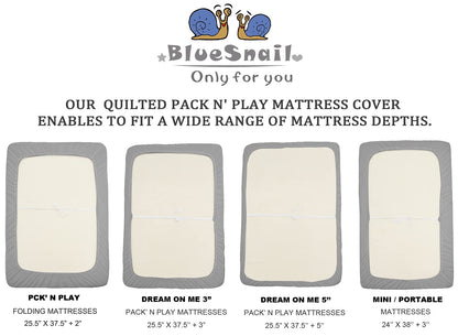 BlueSnail Quilted Waterproof Pack N Play Mattress Fitted Cover for Tollder, Portable Mini Crib Sheet, Comfortable and Breathable Playard Sheet (Light Grey)