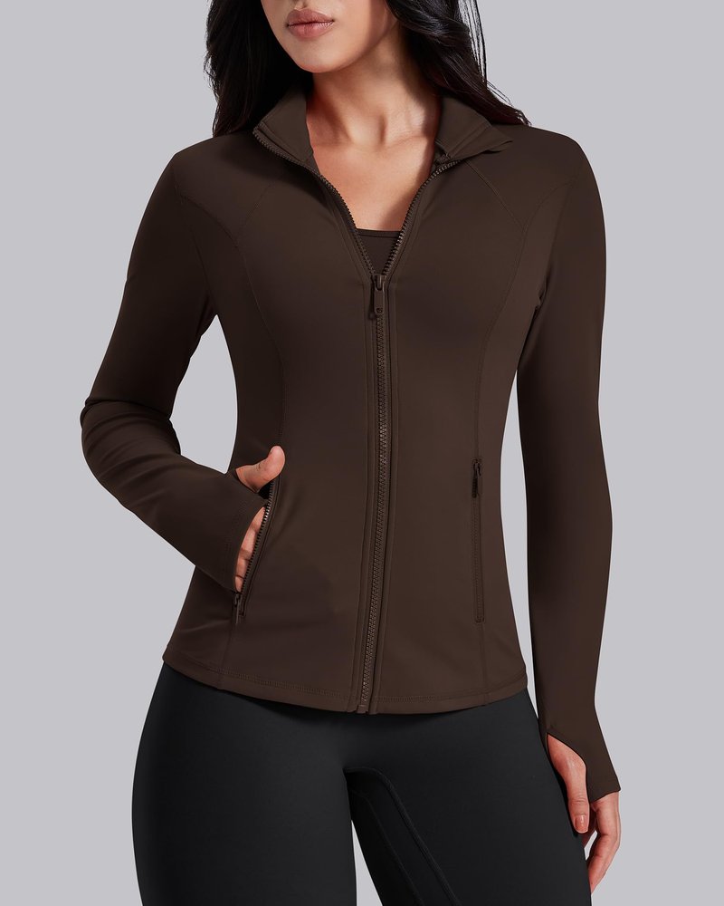 AVGO Womens Workout Jackets Lightweight Athletic Zip Up Jacket Slim Fit Running Gym Top with Pockets & Thumb Holes(Roasted Brown, XL)