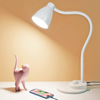 BOHON LED Table Lamp with USB Charging Port, 3 Color Modes Dimmable Reading Lamp, Automatic Dimming Task Lamp, Flexible Goose Neck Table Lamp for Dorm Bedside Table with Adapter, White
