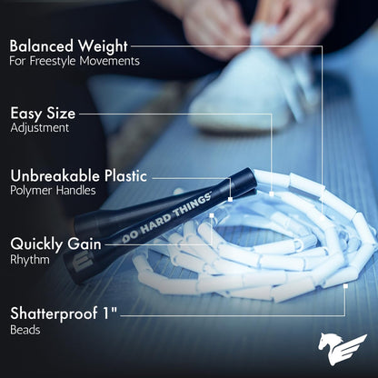 Elite Jumps - Do Hard Things 1” Beaded Jump Ropes - Strong & Durable Materials - Resize & Adjust - Fitness & Cardio Training - Improve Rhythm, Speed, Agility - Black/Black