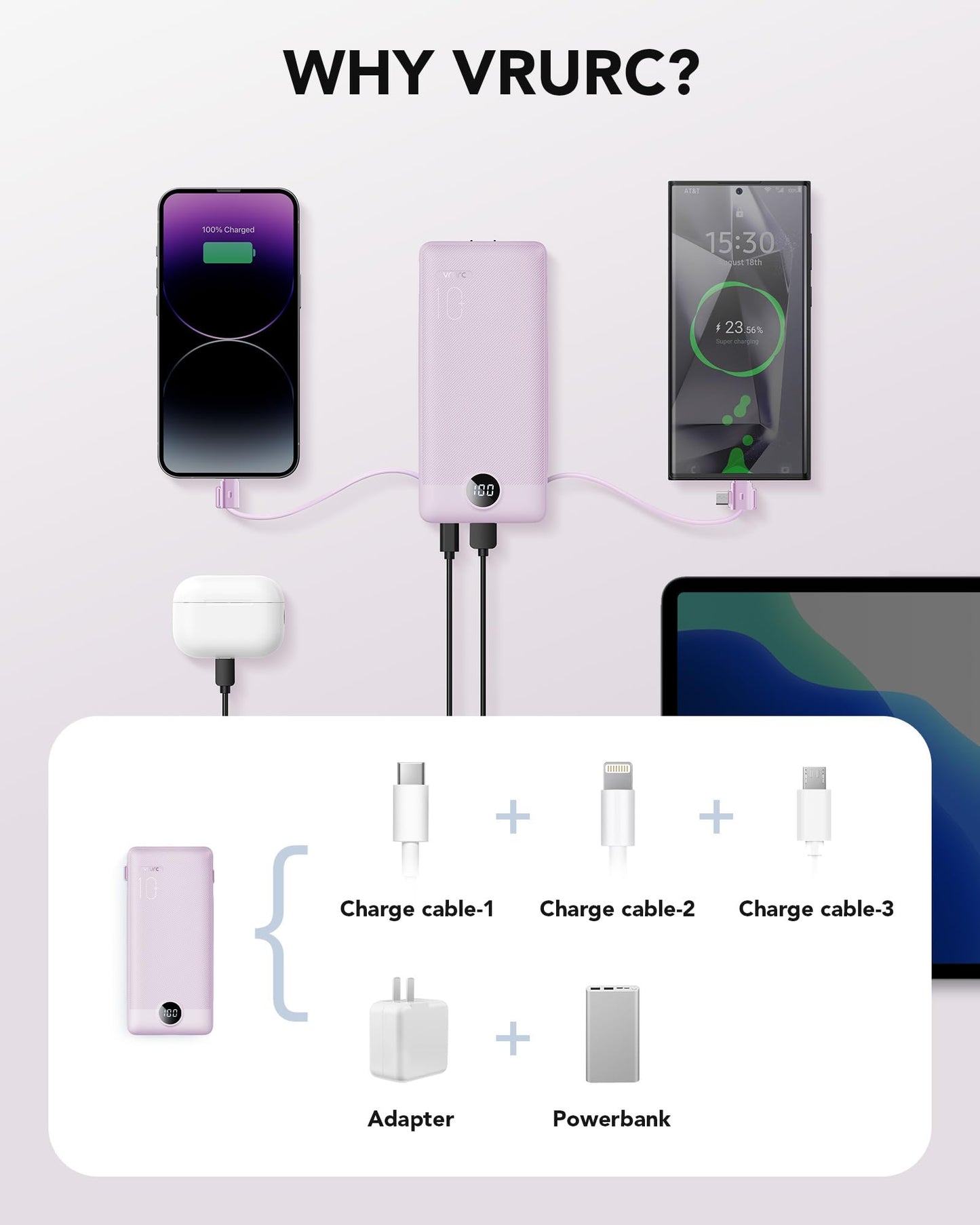 VRURC Portable Charger Built-in Cables and AC Wall Plug, USB C Power Bank 10000mAh, Travel Essentials Phone Charger Compact Lightweight External Battery Pack for Smart Phones, Tablets etc-Pink