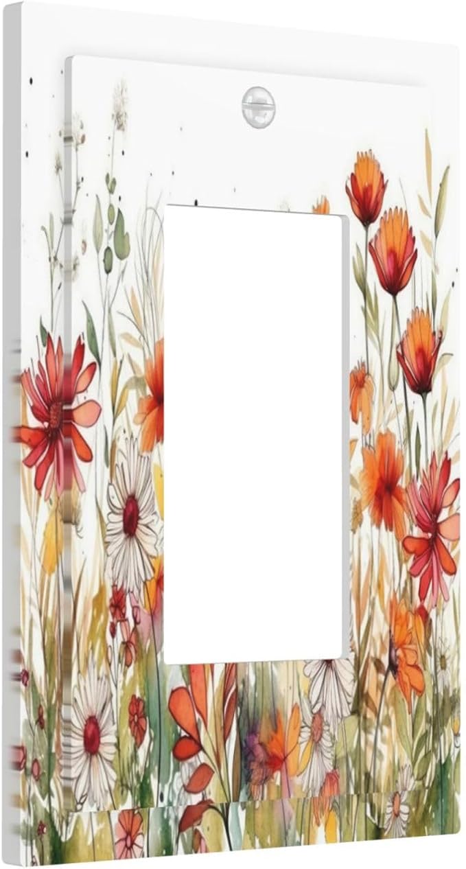 Watercolor Wild Flower Floral Single Rocker Light Switch Covers 1 Gang Outlet Cover Wall Plate Decorative GFCI Switchplate Faceplate for Nursery Bedroom Bathroom Decor