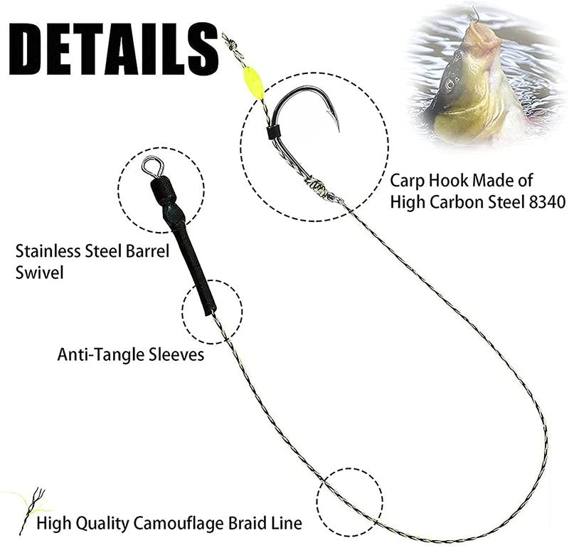 YOTO Carp Rig Set – 24Pcs High Carbon Steel Curved Barbed Hooks with Swivel, Hair Rig Design for Boilie Fishing, Braided Line Fishing Equipment, Size #6