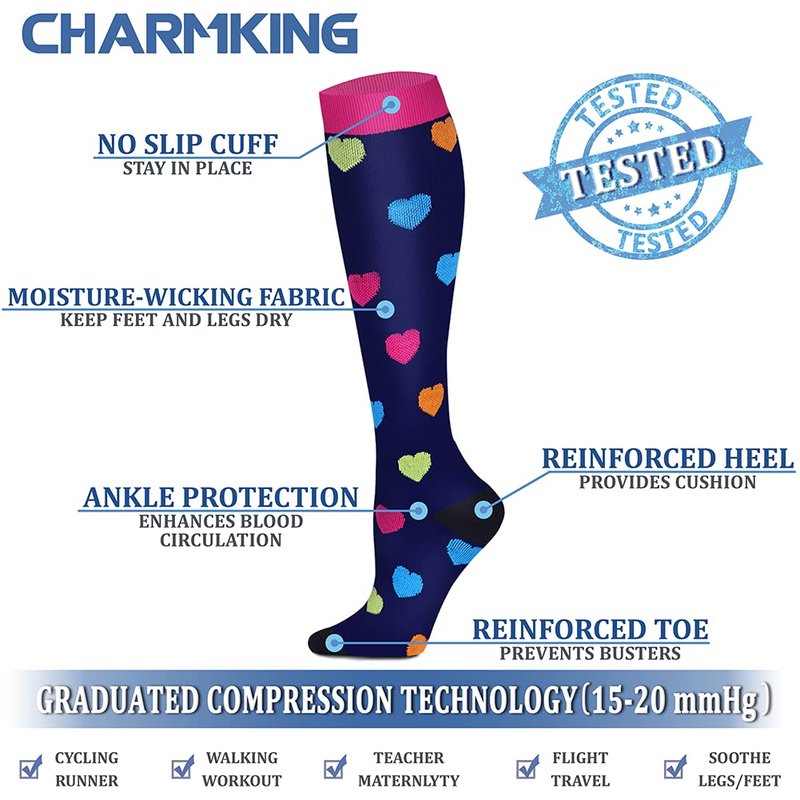CHARMKING Compression Socks for Women & Men (8 Pairs) 15-20 mmHg Graduated Copper Support Calf Socks are Best for Pregnant, Nurses - Boost Performance, Circulation, Knee High Wide Calf(S/M, Multi 06)