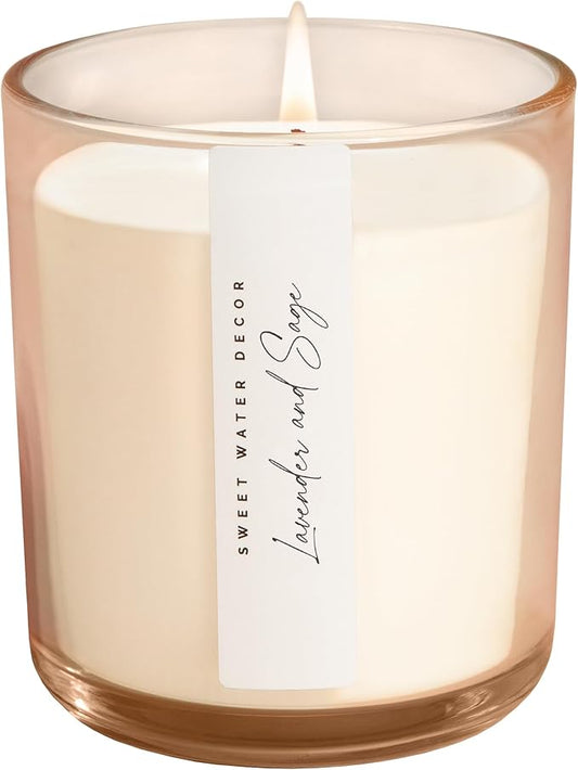 Sweet Water Decor Lavender and Sage Scented Soy Candles – French Lavender, Lime, Sage, Ginger, – Cozy All-Year-Round Aroma – 50 Hour Burn – 12oz Tinted Glass Jar for Home Decor and Bedroom Decor