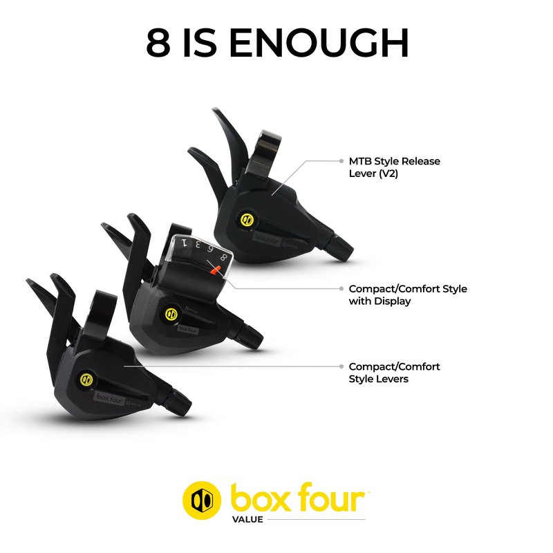 Box Four 8 Speed Multi Shift Non E-Bike Shifter 2 Piece Pull Lever up to 3 Gears Per Click Bicycle Shift Lever Cable for Mountain Bike Shifters, MTB, Bicycle Gear Shifter Cycling