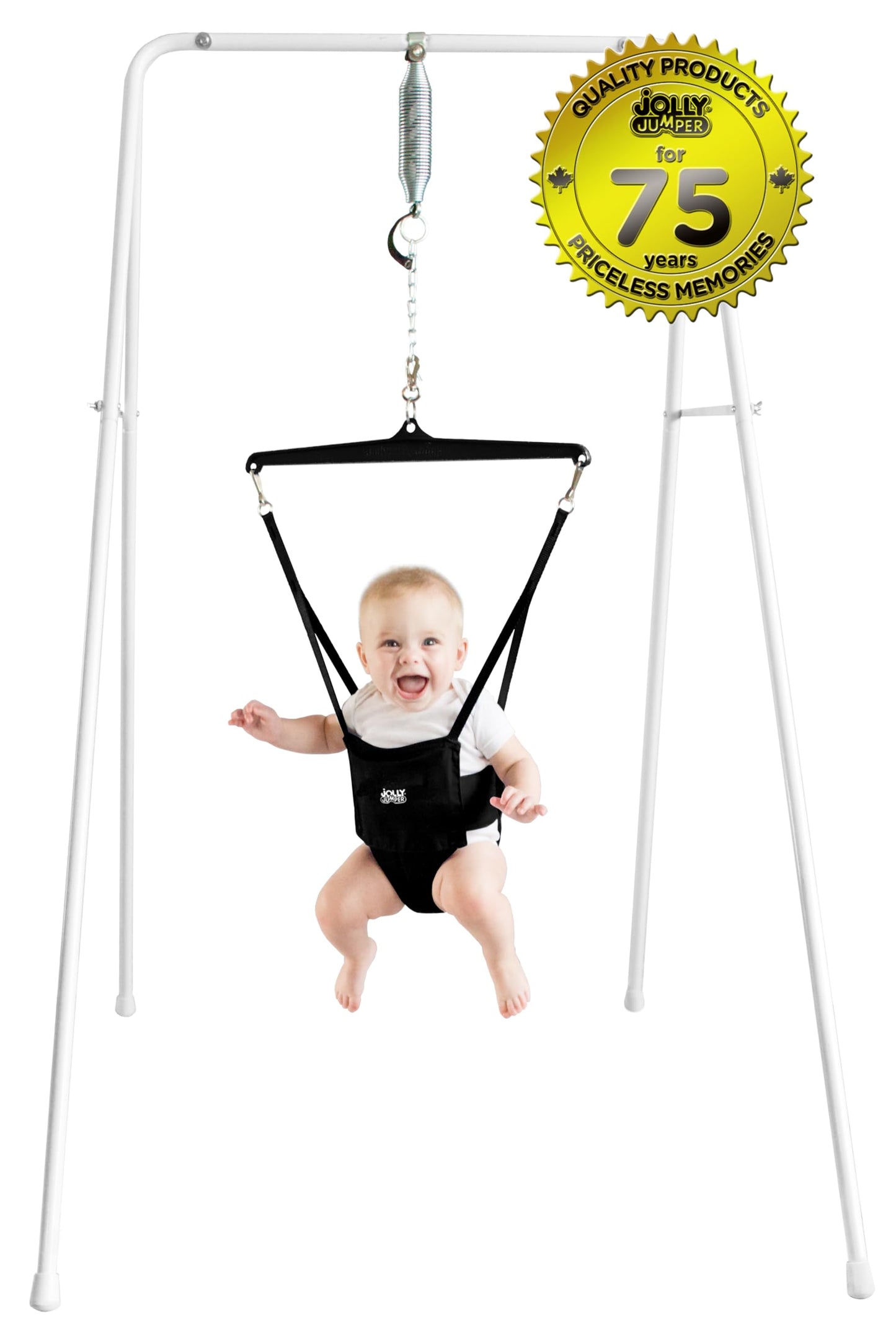 Jolly Jumper Classic (Black) with Stand - Baby Jumper, Indoor Exercise Saddle Seat, Adjustable Height, for Infants up to 28lbs, Your Alternative to Activity Centers and Baby Bouncers