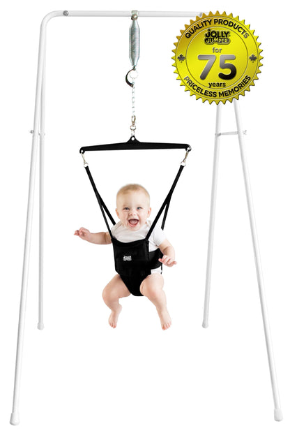 Jolly Jumper Classic (Black) with Stand - Baby Jumper, Indoor Exercise Saddle Seat, Adjustable Height, for Infants up to 28lbs, Your Alternative to Activity Centers and Baby Bouncers