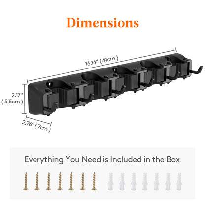Lifewit Broom Mop Holder Wall Mounted，Heavy Duty Broom Storage with 5 Slot 6 Hooks, Utility Room Storage Solutions for Broom Cupboard Kitchen Bathroom Garage and Garden Tool Organiser, 1 Pack, Black