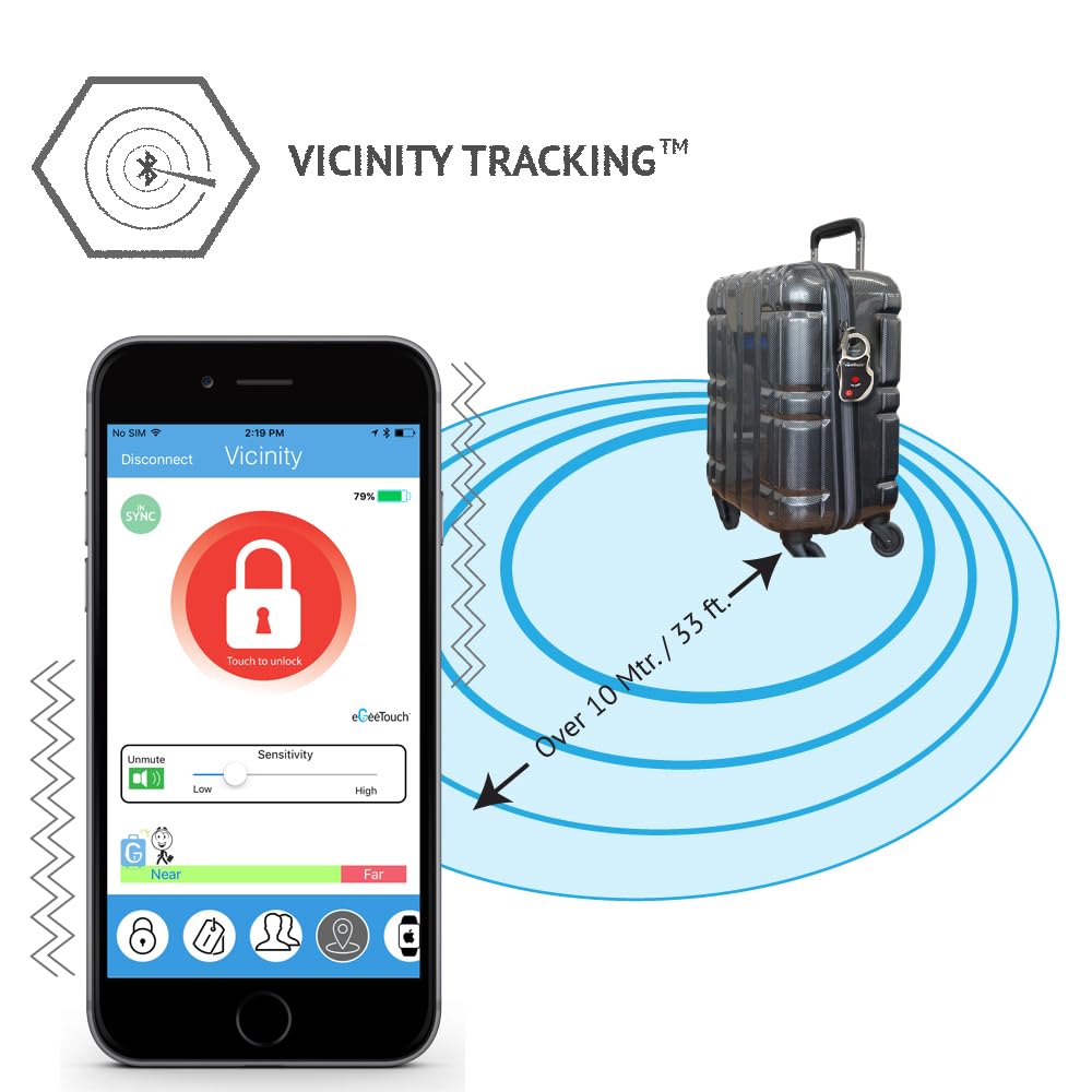 eGeeTouch Smart Travel Padlock with Patented Dual Access Technologies (NFC + BT), Vicinity Tracking, etc. (BLACK)