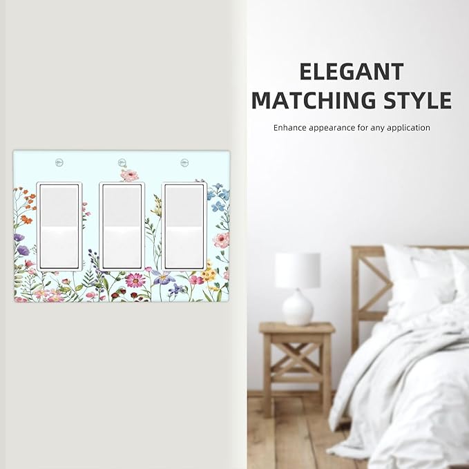 Rustic Wild Floral Vintage Blue Watercolor Flower 3 Gang Rocker Light Switch Covers Decorative Unique Triple Outlet Wall Plate Cover Faceplate Decorative Switchplate GFCI for Bedroom
