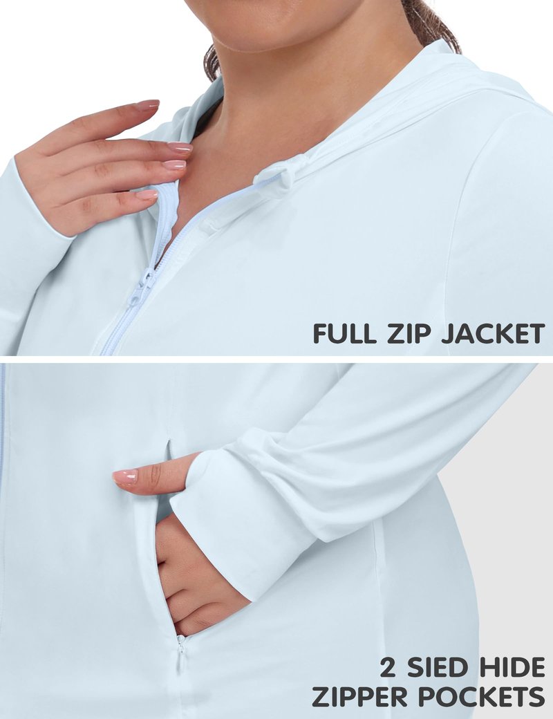 COOTRY Women's Plus Size UPF 50+ Sun Protection Jacket Lightweight Long Sleeve Zip Up Hoodie Cooling Sun Shirt Hiking Workout Light Blue 3XL