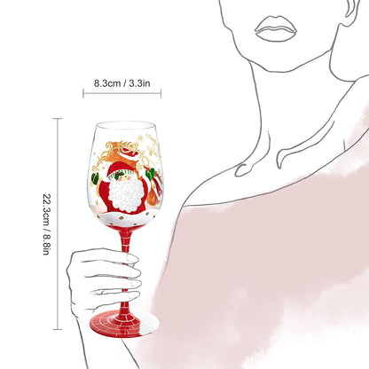 NymphFable Hand Painted Wine Glass 15oz Santa Claus Christmas Elk Deer Snowflake Xmas Christmas Gift for Family Friend（1 piece）