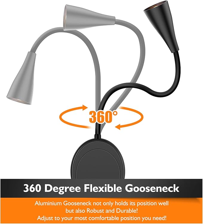 Wall Mounted Reading Light, Bedside Headboard Lights with 5 Dimming & Color Temperature, USB Output, Night Light & Timers Function, Flexible Gooseneck 3000K-6000K Upgrade Bed Lamp (Black)