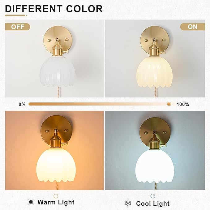 Plug in Wall Sconce, Vintage Sconce Light with Tulip Milk White Glass Lampshade, 180° Adjustable Wall Sconce with Switch and Plug in Wall Lamp Cord, Gold Wall Light for Bedroom Bedside