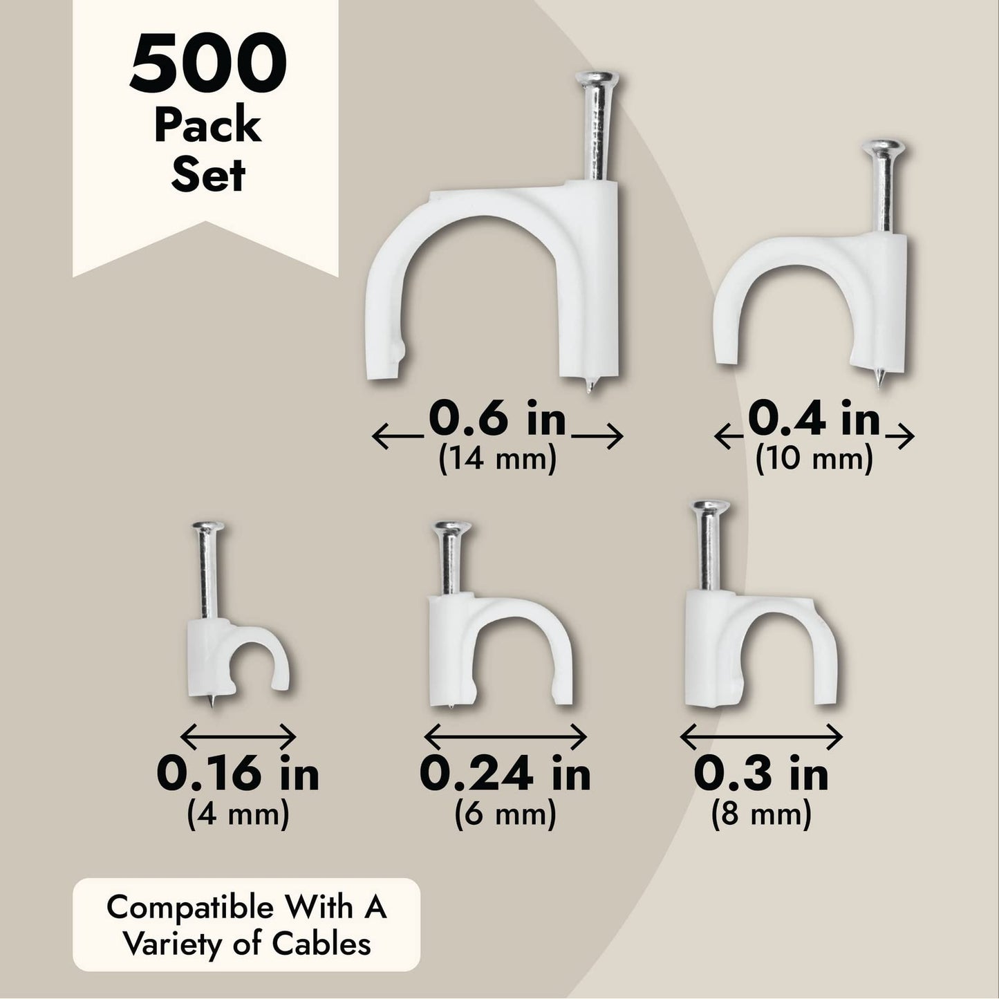Juvale 500-Pack Round Cable Wire Clips for Wall Mounting, Extension Cord Holders, and Cable Management Staples in 5 Sizes for RJ45 Ethernet Connectors, Nails Included (4, 6, 8, 10 & 14mm, White)