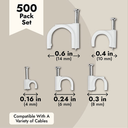 Juvale 500-Pack Round Cable Wire Clips for Wall Mounting, Extension Cord Holders, and Cable Management Staples in 5 Sizes for RJ45 Ethernet Connectors, Nails Included (4, 6, 8, 10 & 14mm, White)